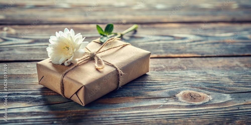 A rustic, handcrafted gift package adorned with a delicate white flower rests on a weathered wooden surface. A rustic, handcrafted gift package adorned with a delicate white flower rests on a weathered wooden surface.