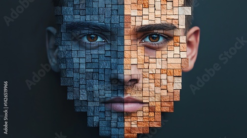 Wallpaper Mural A striking image of a face divided into textured blocks, one half in cool tones and the other in warm tones, exploring themes of duality and identity. Torontodigital.ca