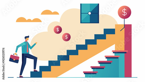 A person climbing a staircase with each step labeled with a different loan then reaching the top where all the loans are combined into one represents. Vector illustration