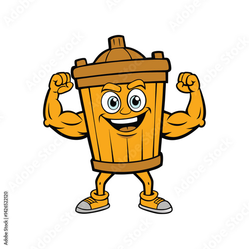 Outline of a trash bin mascot flexing muscles cart