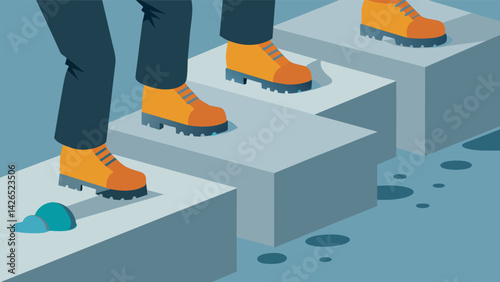 Steeltoed boots of workers carefully stepping onto the freshly poured concrete leaving behind their own footprints in the process.. Vector illustration