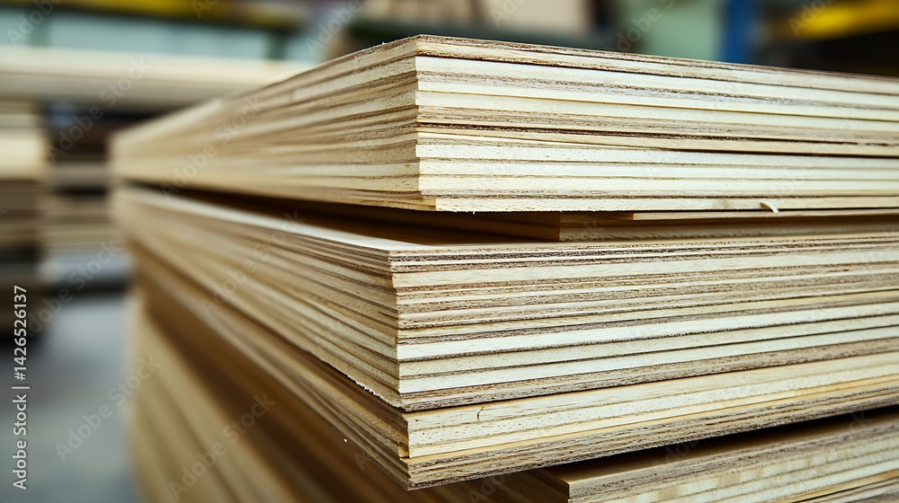Obraz premium Close-up of stacked plywood sheets showcasing wood grain textures and layers