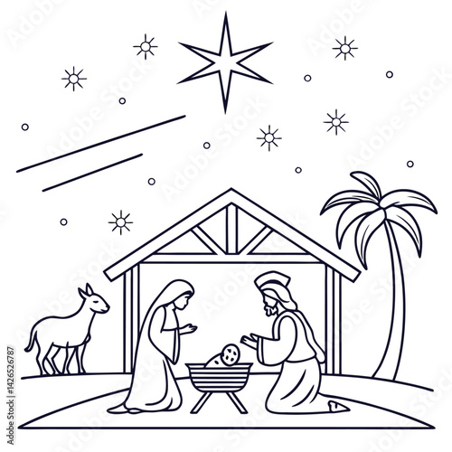Simple Nativity Scene in Elegant Thin Line Illustration A Minimalist Depiction of the Sacred Birth of Jesus Christ