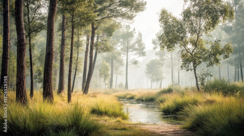 Naklejka premium Morning light bathing wild forest nature photography peaceful serene viewpoint