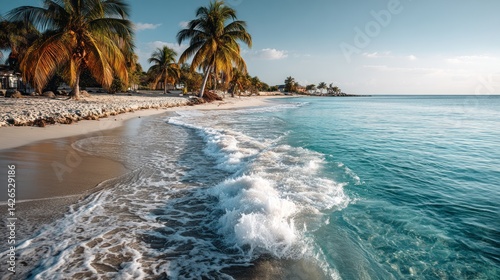 Tropical paradise beach scene with palm trees. photo