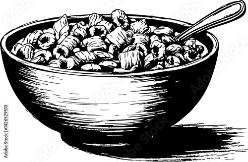 Delicious breakfast bowl of granola and fruits kitchen food illustration cozy environment top-down view healthy eating concept