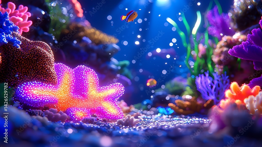 Obraz premium Underwater Coral Reef with Fish and Starfish Glowing in Deep Blue Sea with Pixelated Effect