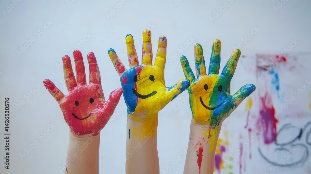 Fototapeta premium Three colorful painted children's hands with smiley faces.