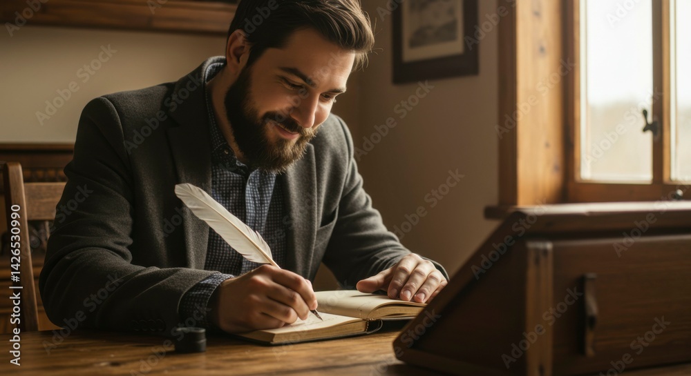 Man writing with quill pen at wooden desk, smiling, in classic setting for blog Man writing with quill pen at wooden desk, smiling, in classic setting for blog