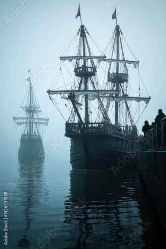 Wallpaper Mural Two majestic ships docked in a foggy harbor creating a serene atmosphere Torontodigital.ca