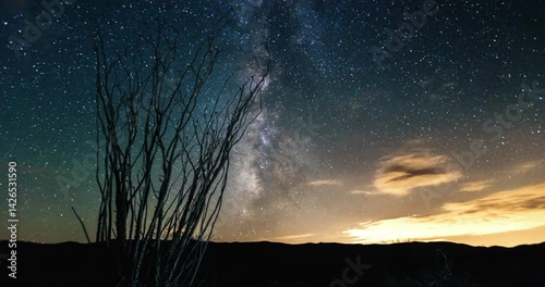 Timelapse of Milky way over the desert in Big Bend National Park. Ideal for astronomy enthusiasts, travel blogs, stargazing publications, and nature calendars.