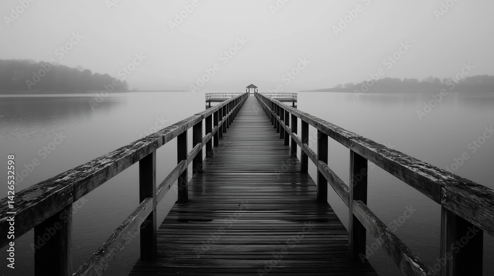 Obraz premium A solitary wooden pier stretching into a misty lake, a tranquil scene of quiet contemplation under a gray sky.