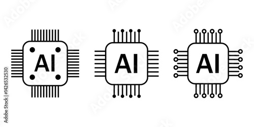 A set of three AI microchip icons featuring the "AI" label, designed in black line art with different circuit patterns. Vector illustration