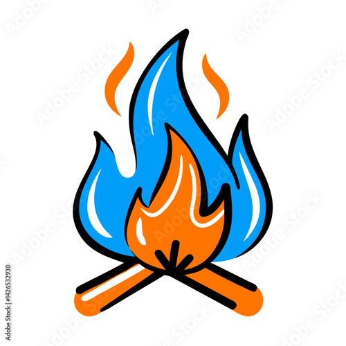 Illustration of a campfire with vibrant blue and orange flames over crossed logs, symbolizing outdoor gatherings, warmth, and adventure