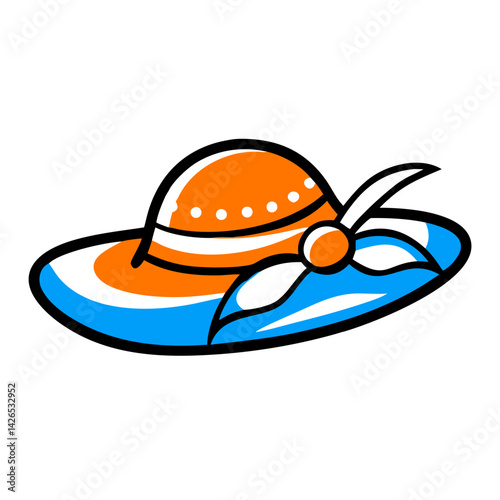 Colorful beach hat with an orange top and blue brim, perfect for sunny summer days at the shore