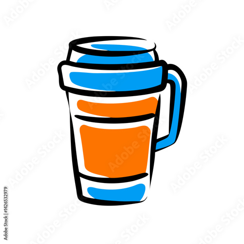 Travel mug designed with a blue lid and orange base, ideal for coffee lovers on the go