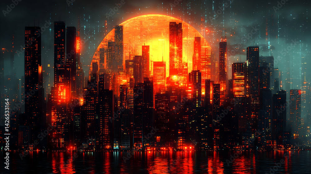 Obraz premium An expansive cityscape basks in a radiant glow as buildings tower reflected in waters below beneath a darkened sky