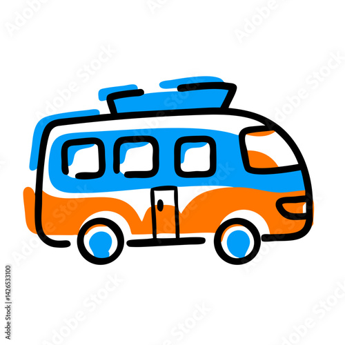 Colorful travel van illustration with vibrant blue and orange design on a white background