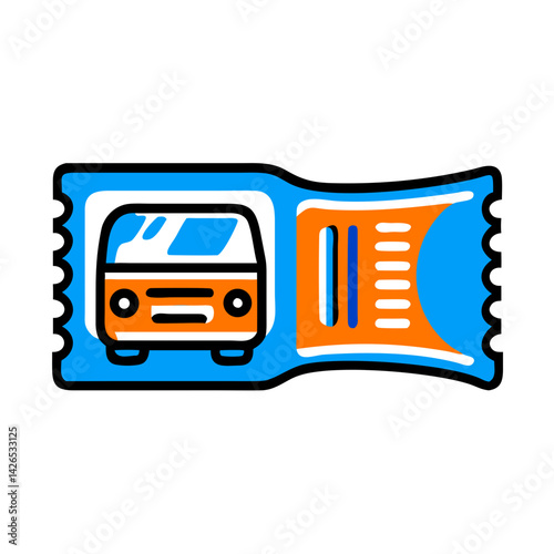 Bus ticket featuring an orange bus illustration on a blue background, representing public transportation and travel