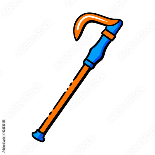 Colorful hiking stick with a blue grip and orange shaft against a white background, outdoor adventure equipment