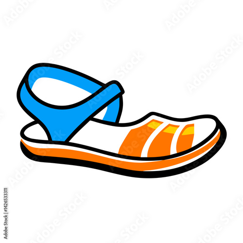 Stylish sandals with blue straps and orange accents on a white background, perfect for summer footwear