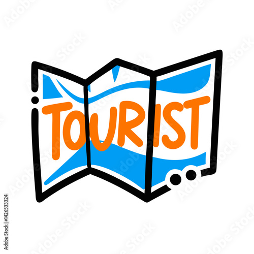 Tourist map illustration featuring a folded map with vibrant colors and bold lettering, ideal for travel guides and tourism-related content