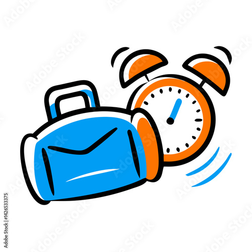 Travel alarm clock and blue suitcase symbolizing the urgency of packing for a trip