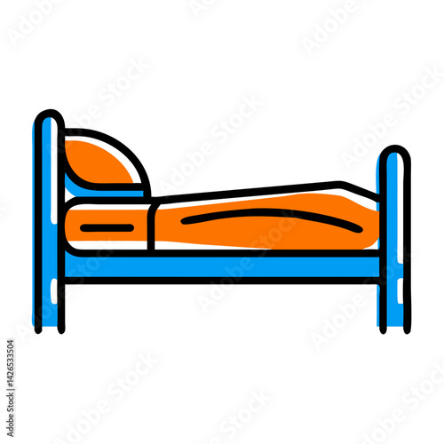 Illustration of a hostel bed with an orange mattress on a blue frame, simple design for accommodation concepts