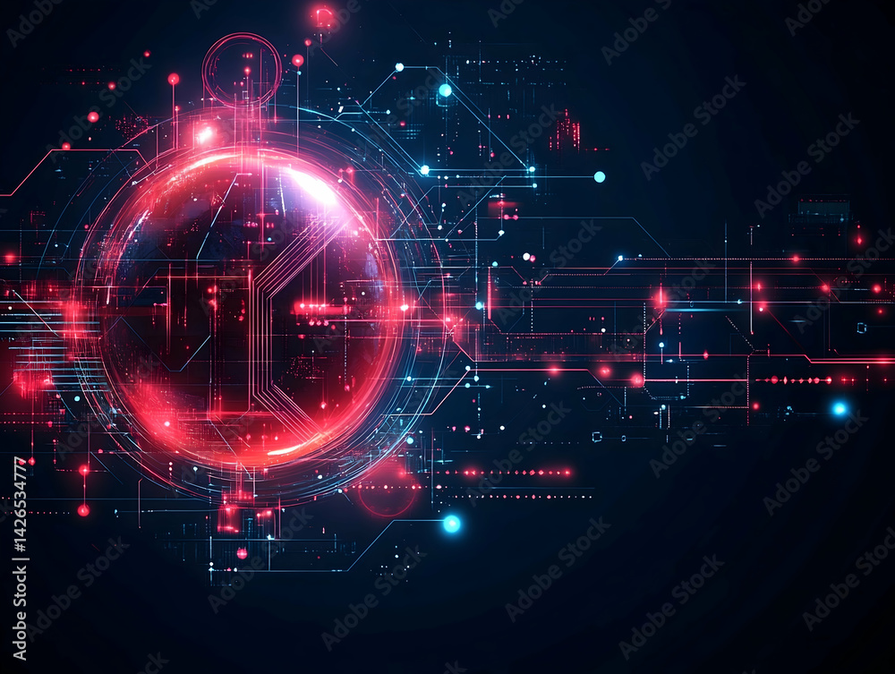 Obraz premium Futuristic digital network with glowing sphere lines and nodes against a dark backdrop