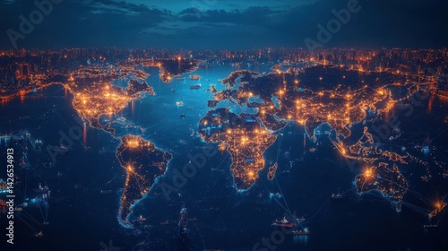 World Map Infographic of Major Container Shipping Hubs with Trade Routes and Cargo Ship Icons..