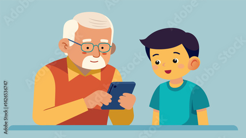 A young boy sitting next to his grandfather teaching him how to use the camera feature on a smartphone to take and edit photos.. Vector illustration