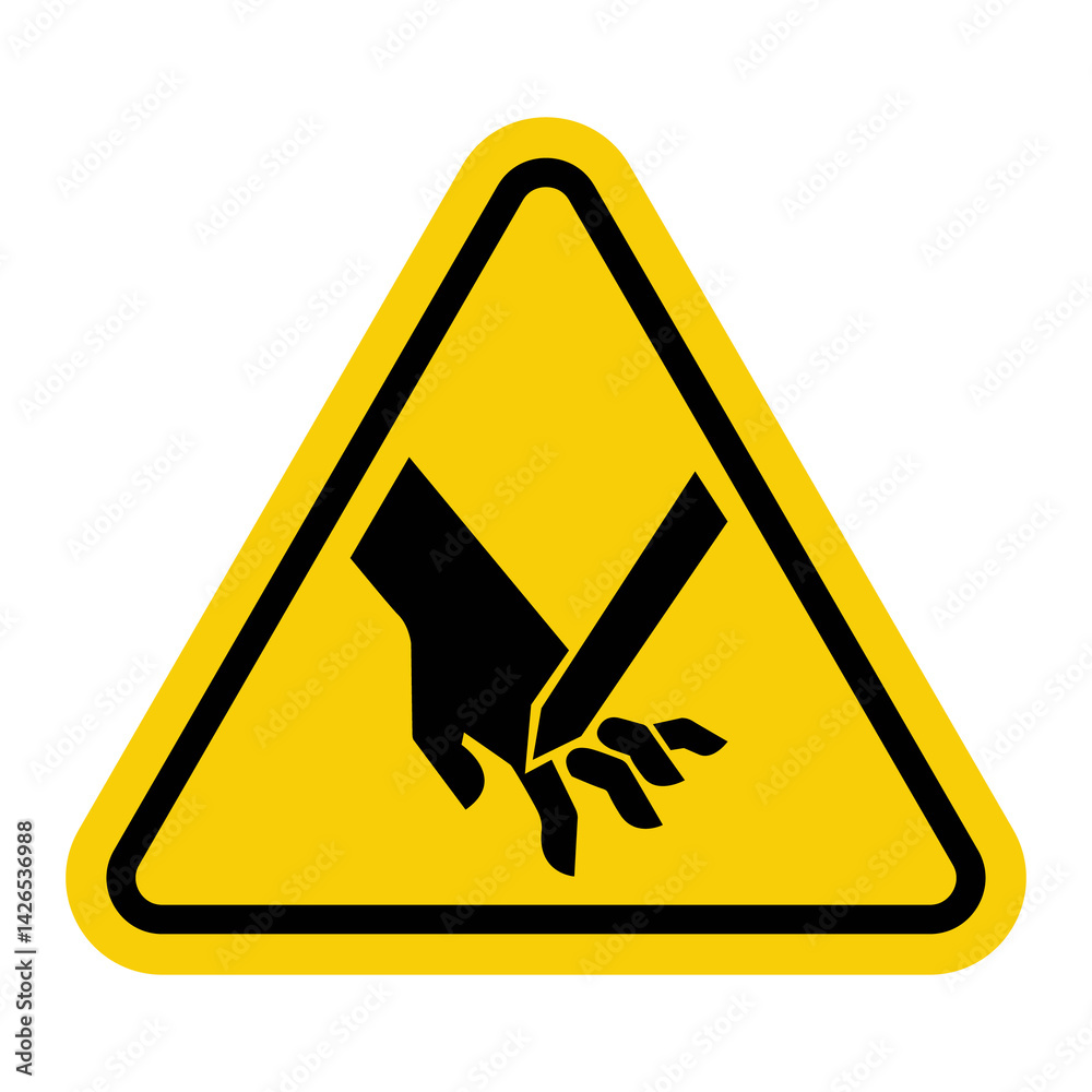 Hand injury sign. Sharp cutting or piercing objects. Cut or dangerous contact. Risk of crushing. Mechanisms with open sharp elements. Warning yellow triangle road sign. Hand injury sign. Sharp cutting or piercing objects. Cut or dangerous contact. Risk of crushing. Mechanisms with open sharp elements. Warning yellow triangle road sign.