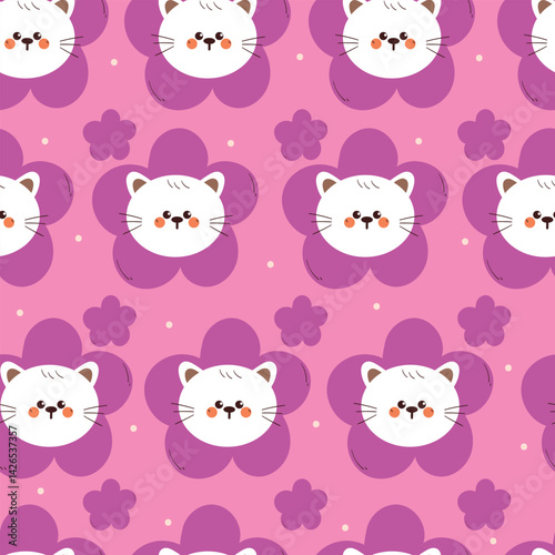 Wallpaper Mural seamless pattern cartoon white cat head inside purple flower. cute animal pattern for wallpaper, background and gift wrap paper Torontodigital.ca