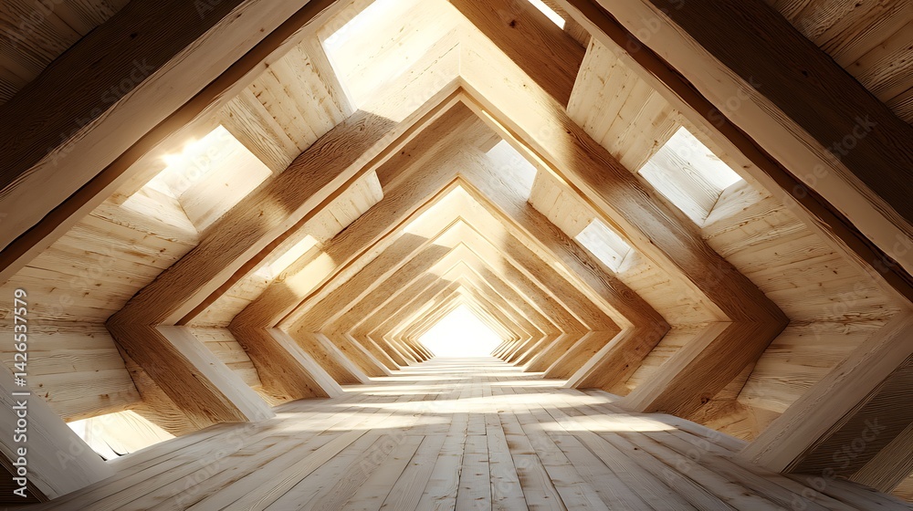 Geometric wooden structure with light, architectural perspective illustration Geometric wooden structure with light, architectural perspective illustration