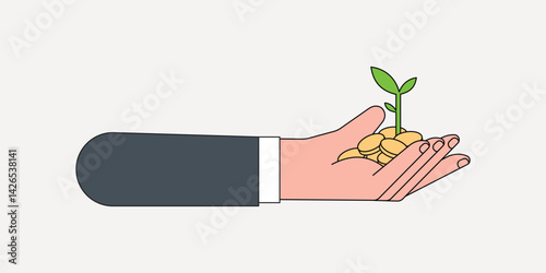 CSR business, businessman's hand giving money & plant vector