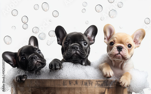 Cute French bulldog puppies in wooden bucket with soap bubbles floating around, creating playful and adorable scene