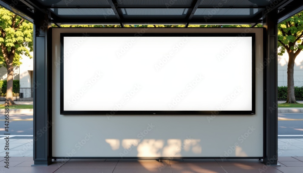 Fototapeta premium Blank signage on wall at public bus stop shelter city transport navigation and communication layout