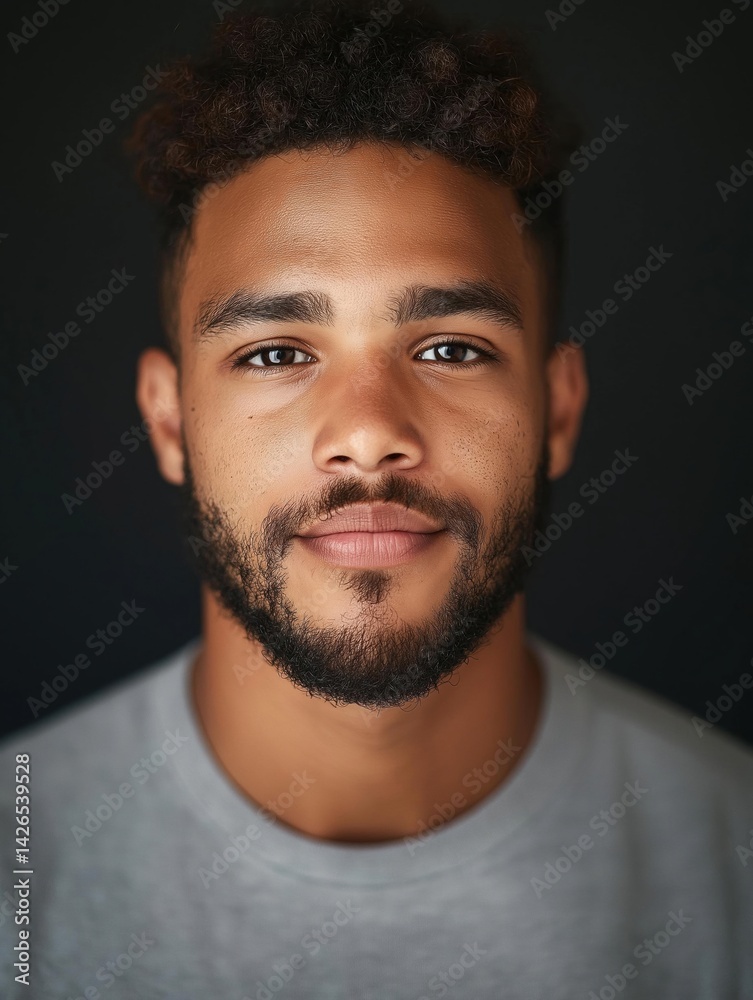 Obraz premium Close-up portrait of a young man's face. he is looking directly at the camera with a slight smile on his lips. he has short, curly hair and a beard. he appears to be wearing a gray t-shirt.