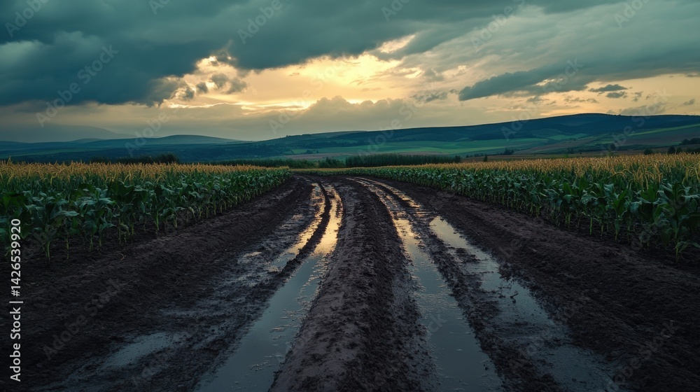 Fototapeta premium A muddy road curving through farmland with crops growing on either side