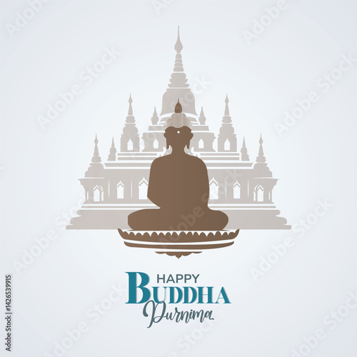 Happy Vesak Day and Buddha Purnima greetings with Buddha and lotus illustration. Ideal for posters, banners, logos, backgrounds, and print. Elegant abstract design