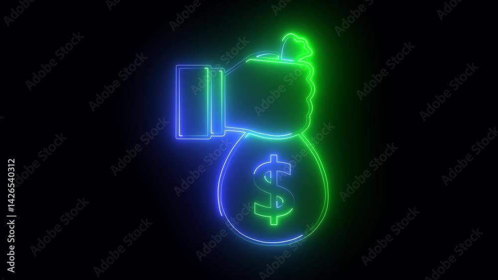 Glowing neon hand icon symbol of dollar bag ,money, invest finance Dollar or USD symbol. Cash Banking currency sign. 4K Video motion graphic animation.. Glowing neon hand icon symbol of dollar bag ,money, invest finance Dollar or USD symbol. Cash Banking currency sign. 4K Video motion graphic animation..