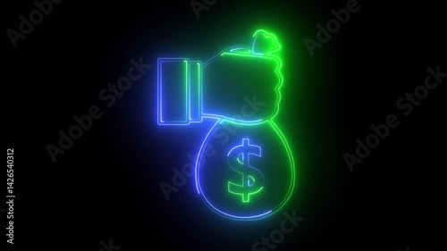 Glowing neon hand icon symbol of dollar bag ,money, invest finance Dollar or USD symbol. Cash Banking currency sign. 4K Video motion graphic animation..