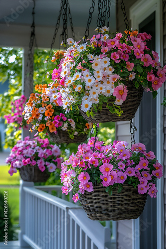 empty front porch with blooming hanging baskets (usa spring),