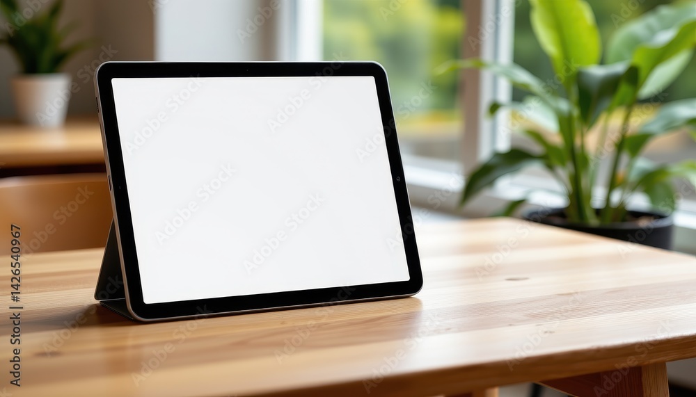 Modern blank tablet screen placed on a wooden table, captured with natural lighting to showcase clean design elements.