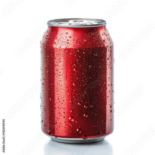 Cold red aluminum soda can covered in condensation droplets isolated on white background