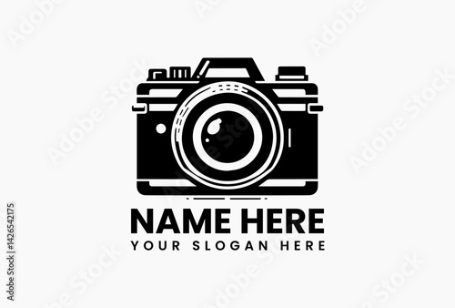 Sleek black camera silhouette with subtle lens details, modern photography logo for studios and professionals