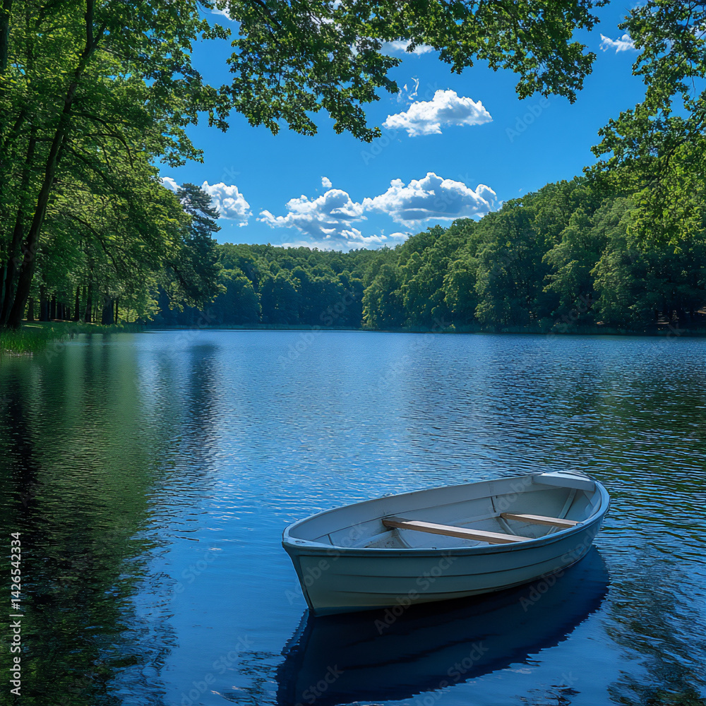 Obraz premium empty rowboat gently floating on a calm lake (summer),