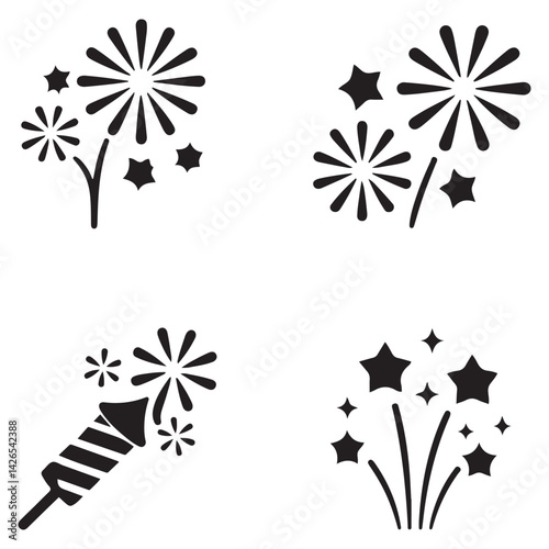 Firework icon set. Firecracker, petard and stars. Happy New year, Holiday and party firework icons collection. Vector Black silhouettes. with white background