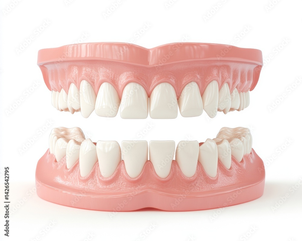 Obraz premium A 3D illustration of human teeth on a transparent background, showcasing the dental anatomy of a human jaw with gums and teeth from the front