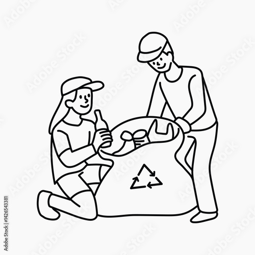 Volunteers sorting recyclable garbage doodle vector